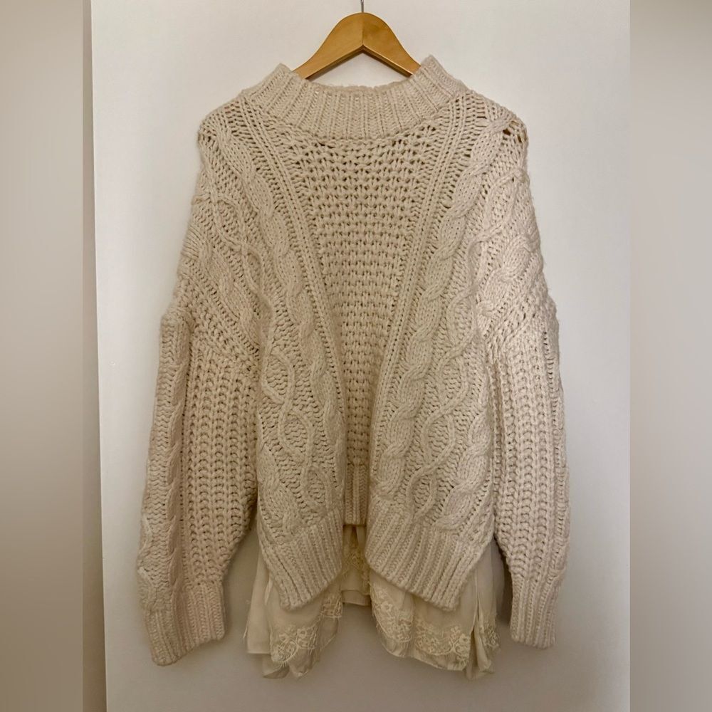 Zara Cream Cable Knit Turtleneck Sweater with lace detail